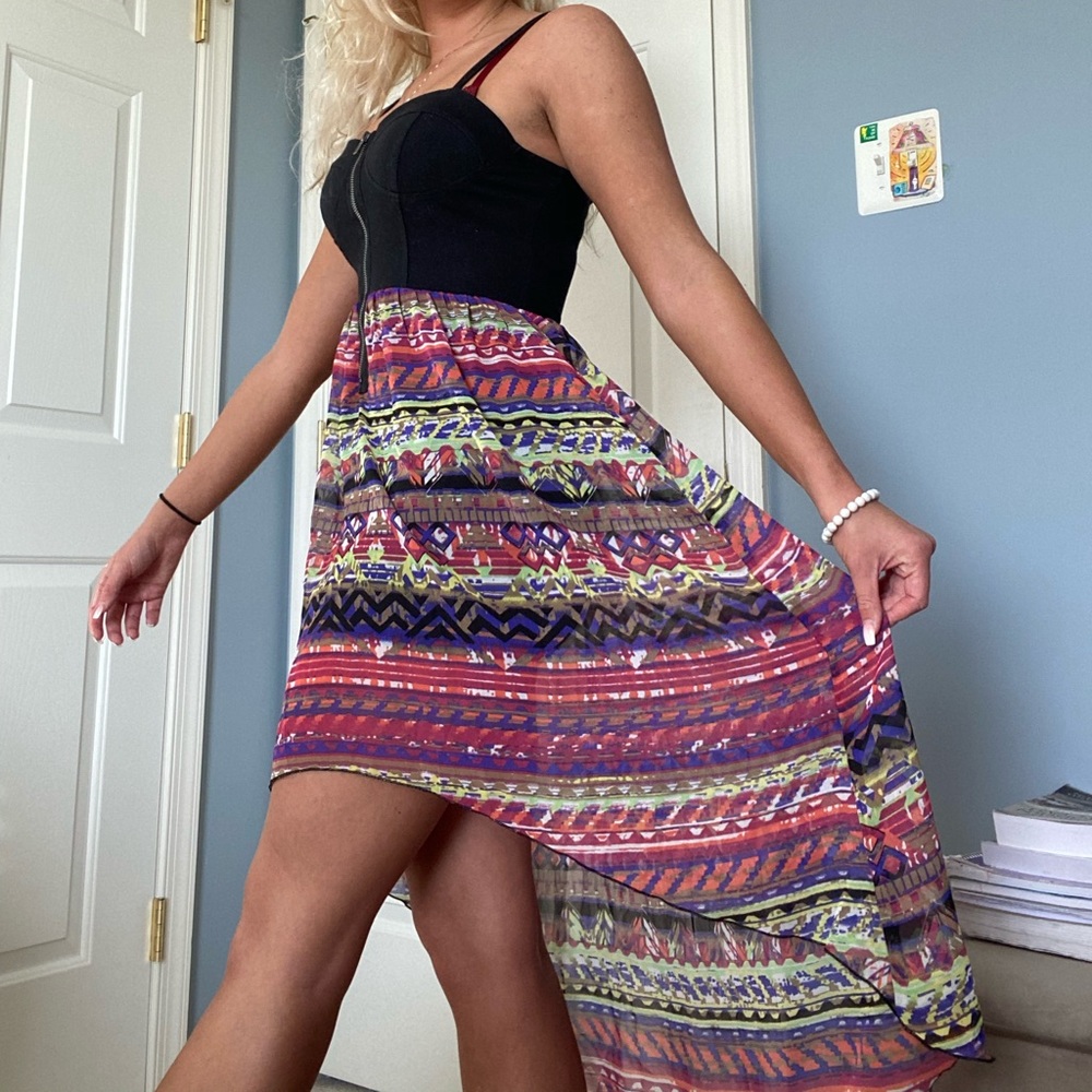 High low dress, black top, multi-color bottom